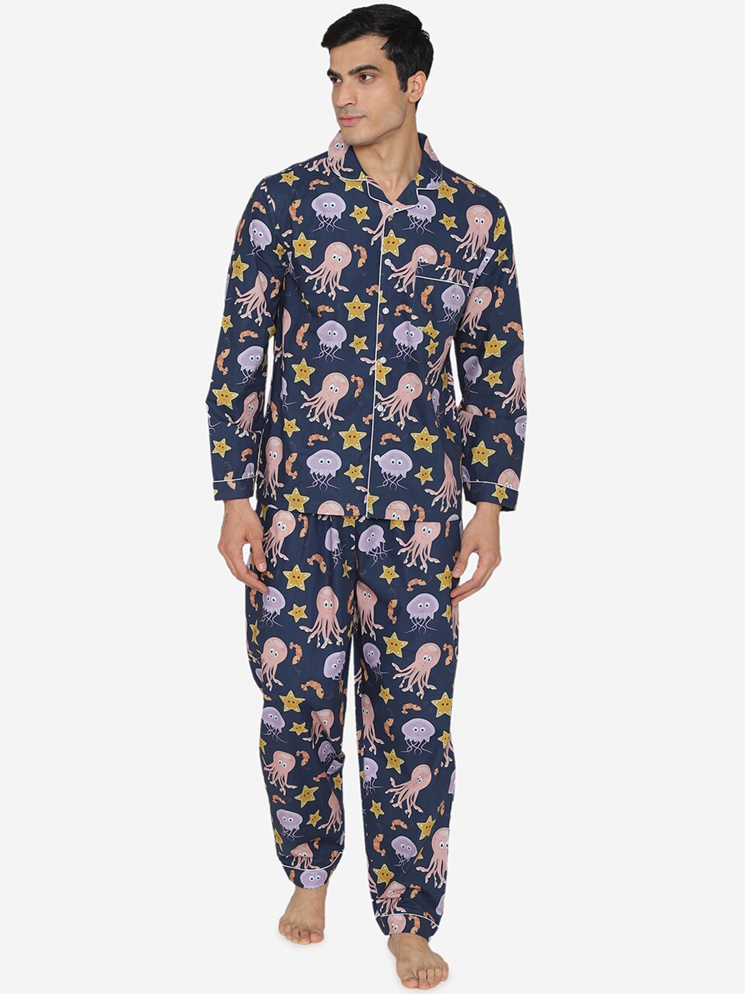 

Fluffalump Conversational Printed Pure Cotton Night Suit, Navy blue