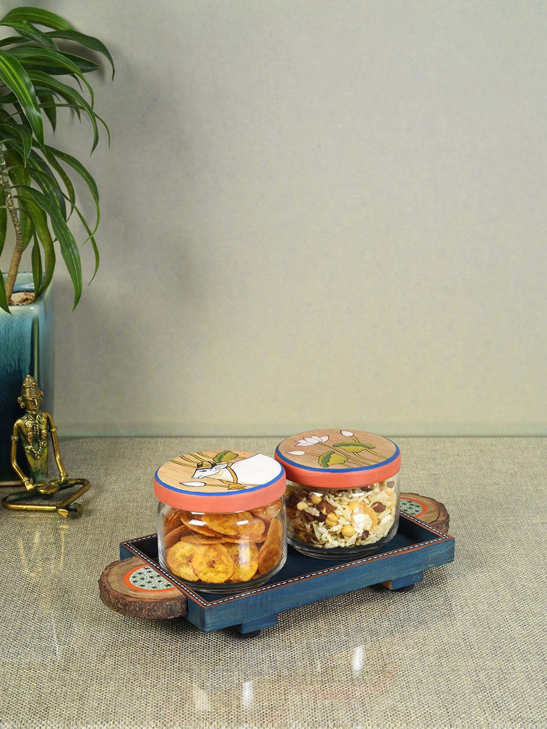 

AAKRITI ART CREATIONS Pichhwai Leela Brown & Blue 3 Pieces Snacks Storage Jars and Tray