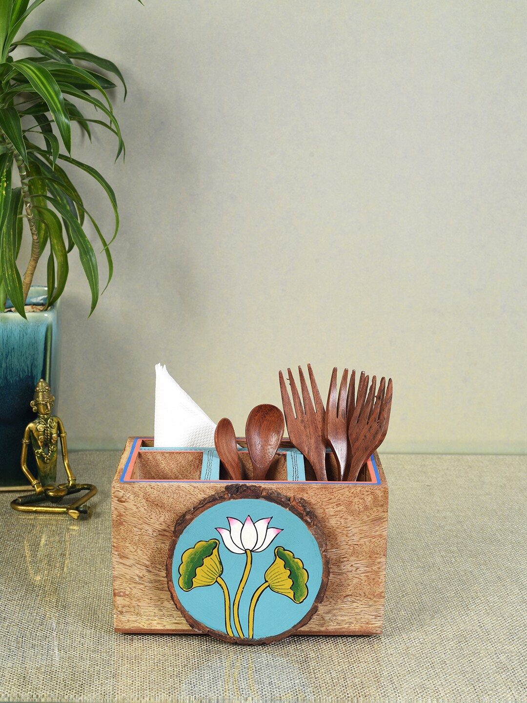 

AAKRITI ART CREATIONS Brown & Blue Pichhwai Iteeha Painted Cutlery Storage Box