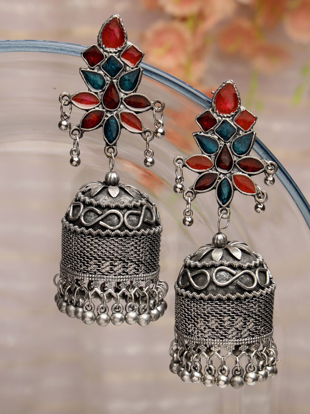 

Moedbuille Silver Plated Dome Shaped Jhumkas Earrings, Red
