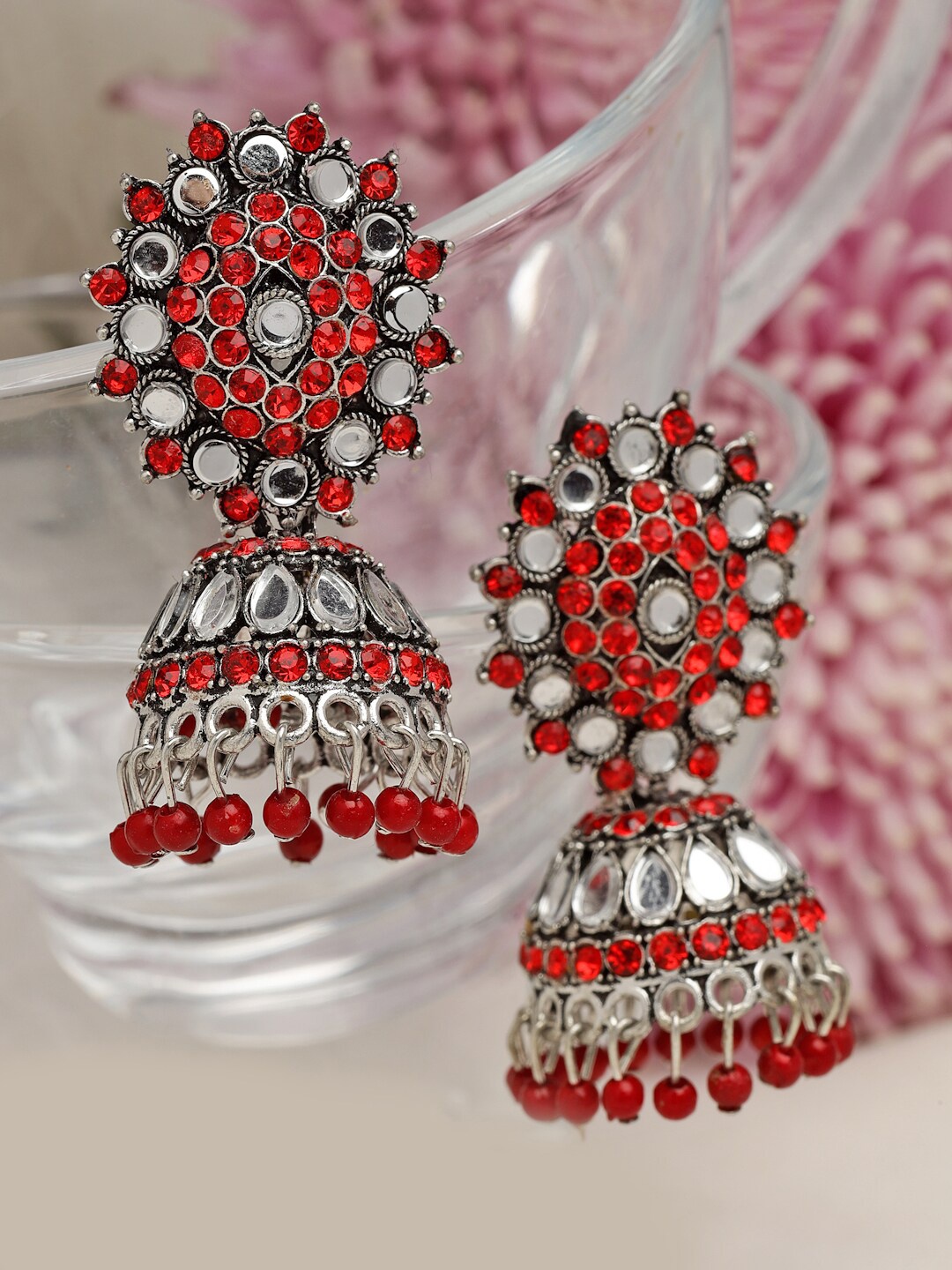 

Moedbuille Silver Plated Dome Shaped Jhumkas Earrings, Red