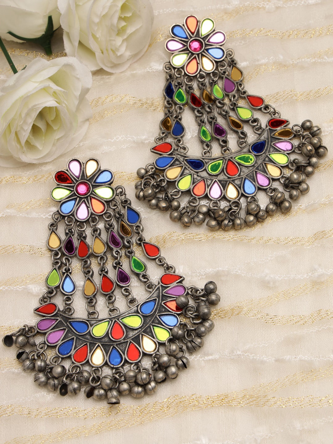 

Moedbuille Silver-Plated Oxidised Mirror Work Floral Drop Earrings, Blue