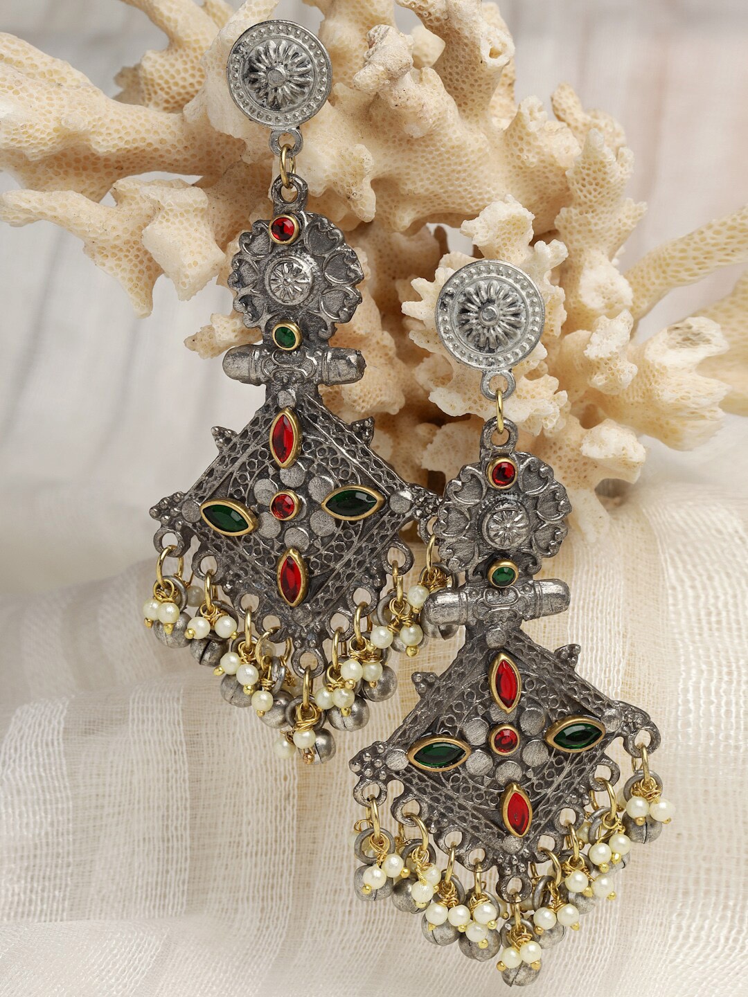 

Moedbuille Silver Plated Studded Antique Oxidised Drop Earrings, Red