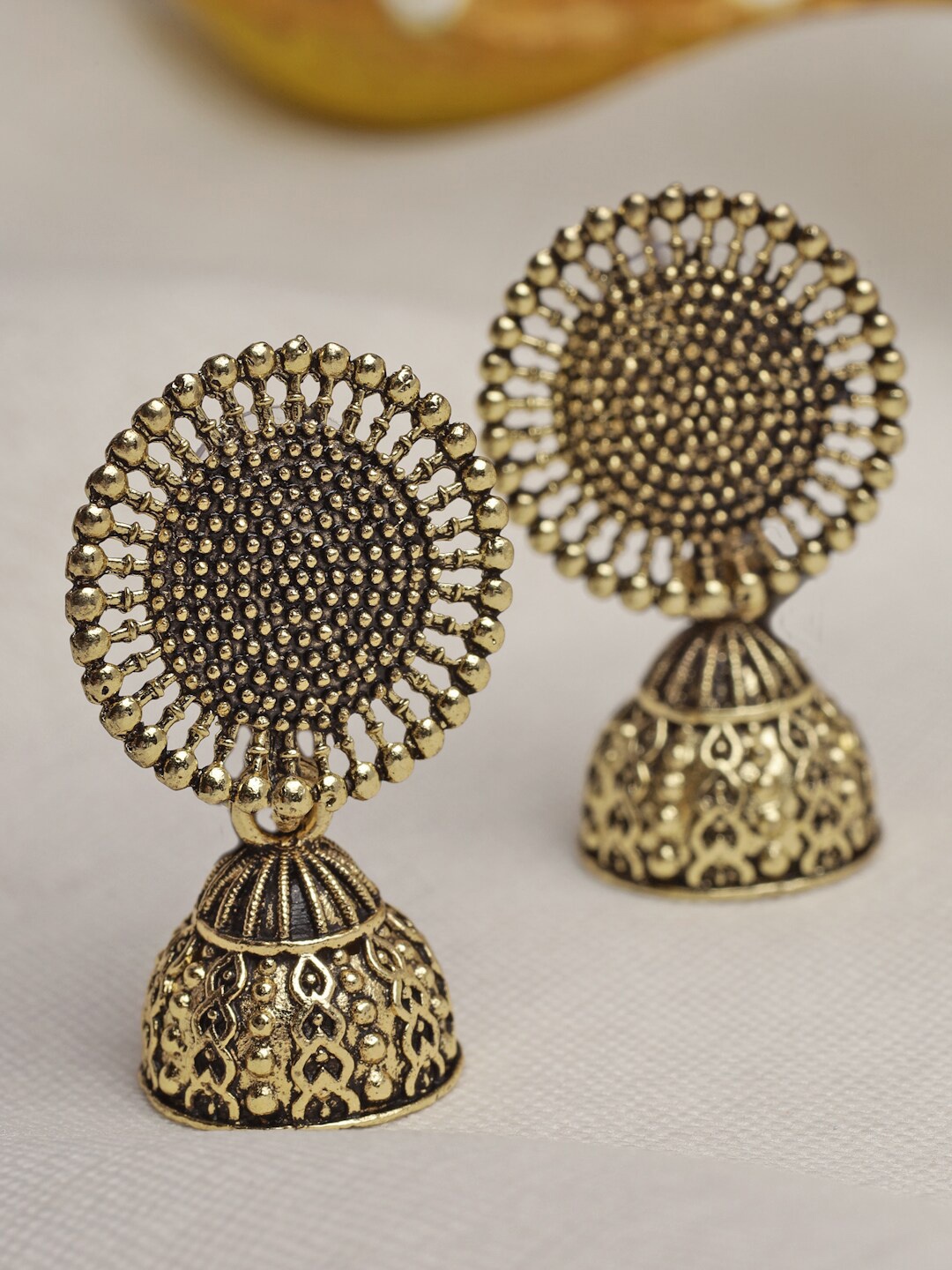 

Moedbuille Gold Plated Antique Oxidised Dome Shaped Jhumkas Earrings