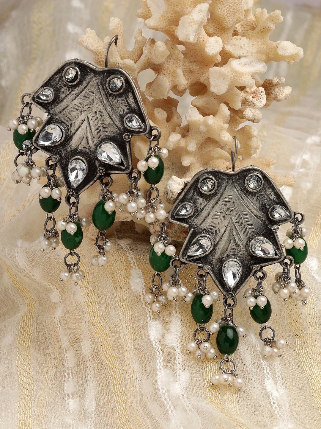 

Moedbuille Silver Plated Oxidised Crystals & Pearls Studded Drop Earrings, Green