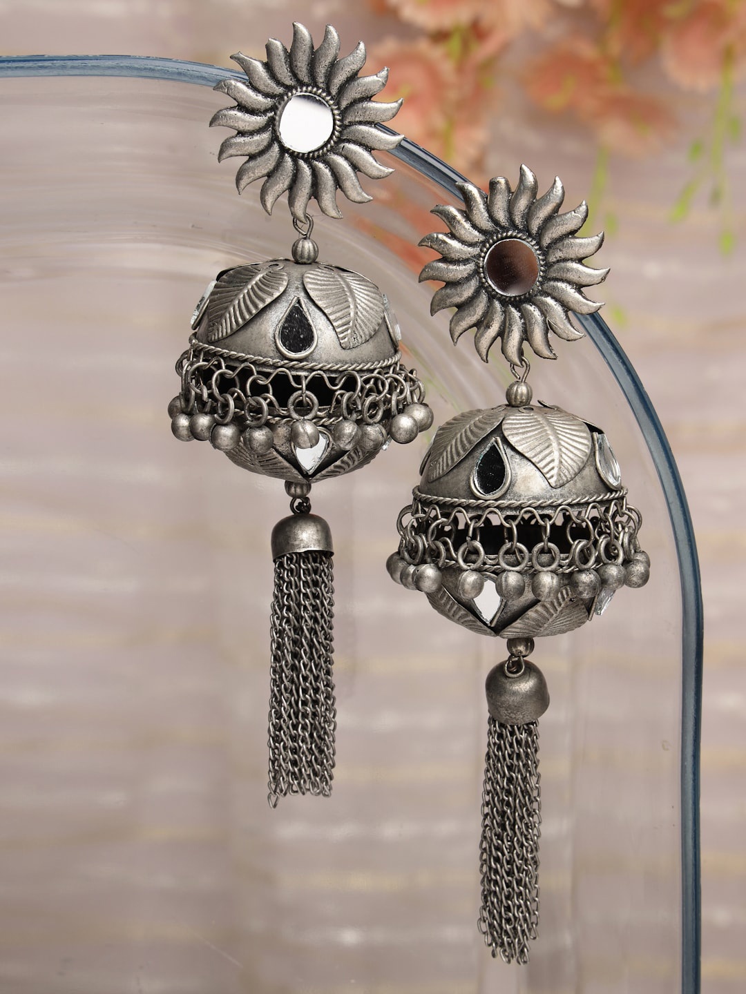 

Moedbuille Silver-Plated Dome Shaped Jhumkas Earrings, Metallic