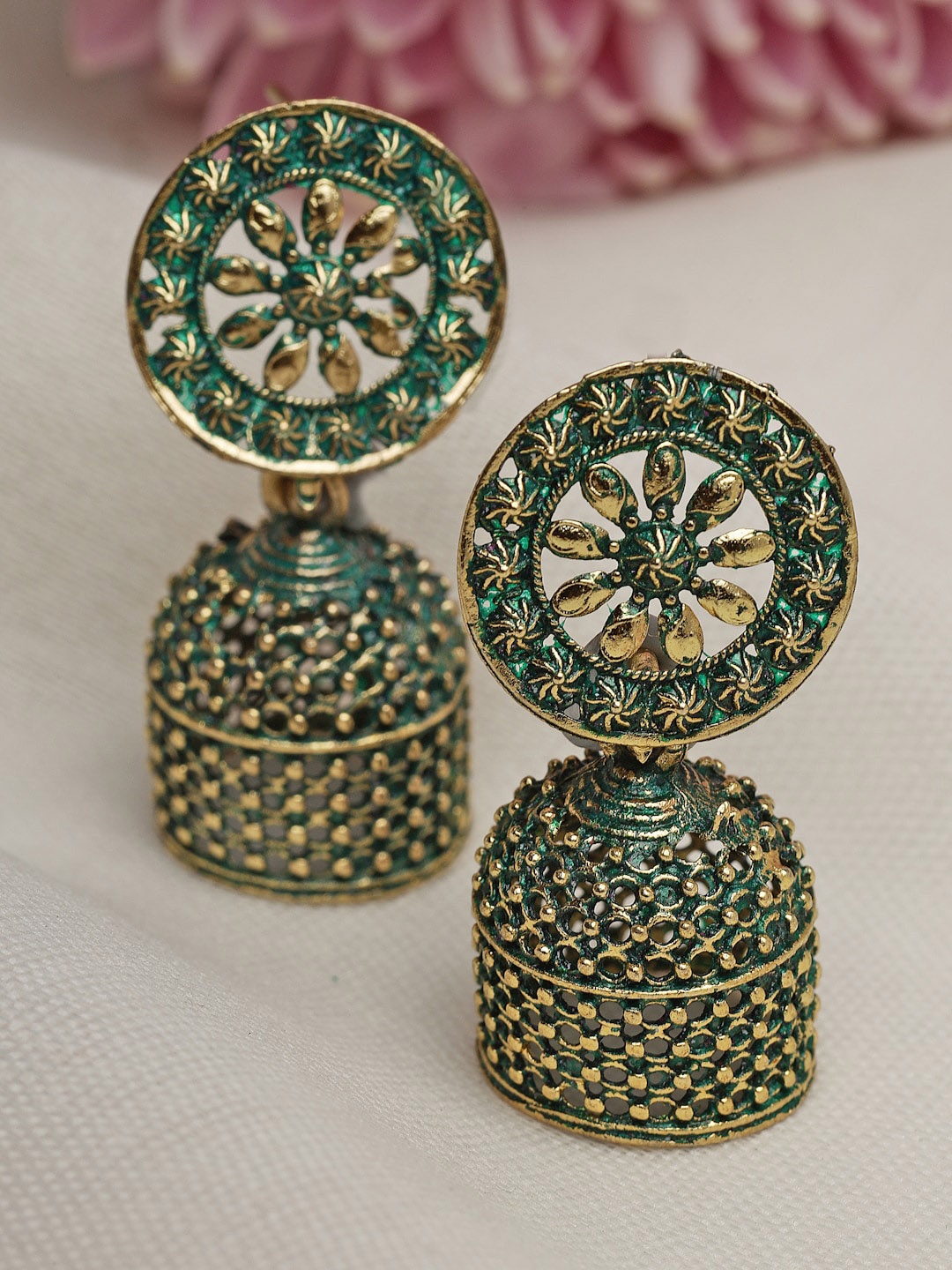 

Moedbuille Gold Plated Meenakari Work Dome Shaped Jhumkas, Green