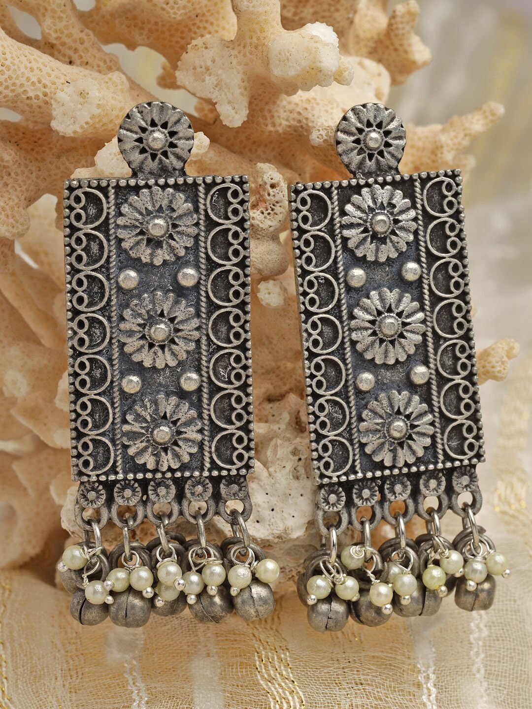 

Moedbuille Silver Plated Oxidised Floral Drop Earrings, Metallic