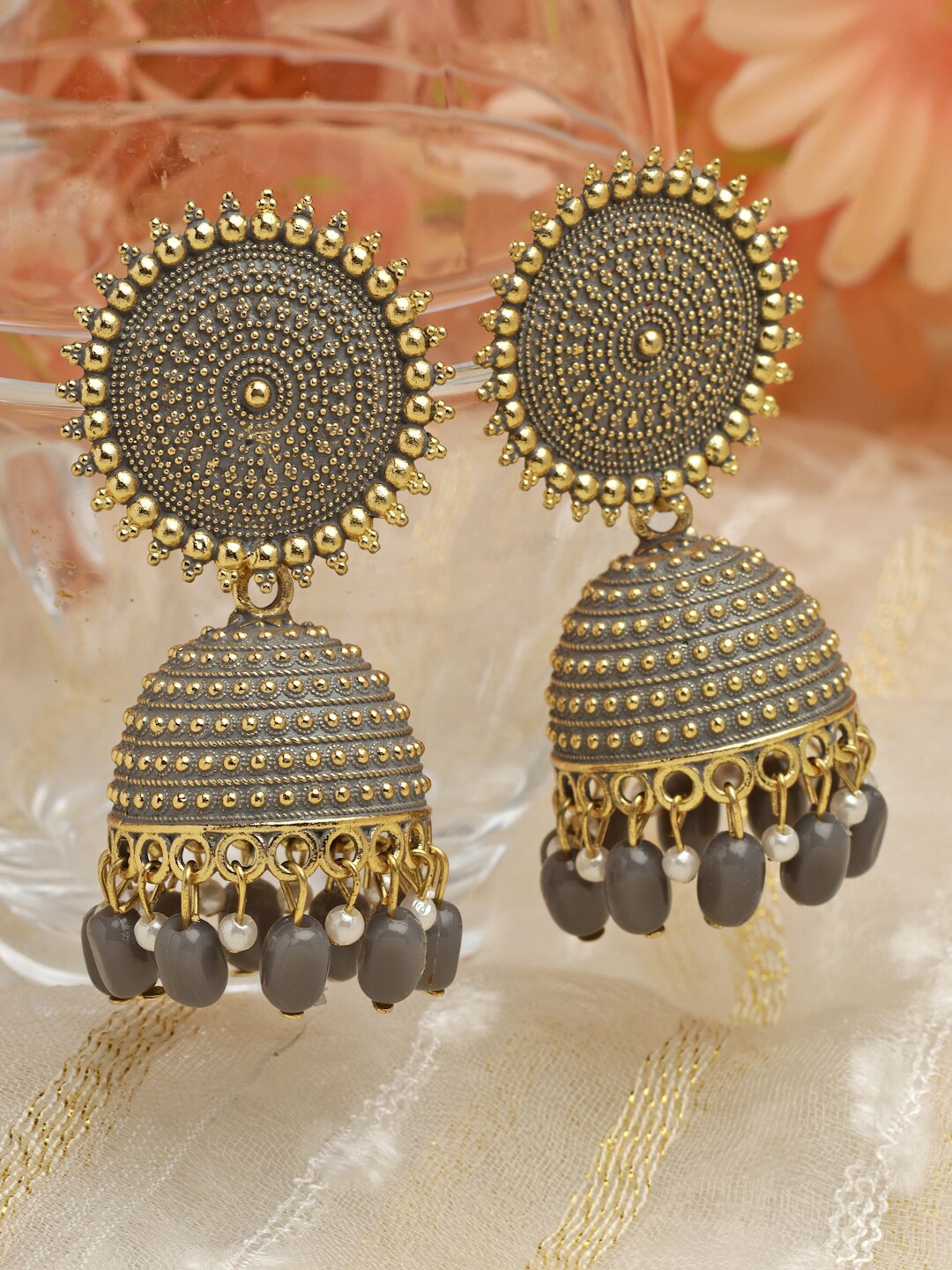 

Moedbuille Gold-Plated Meenakari Work Dome Shaped Jhumkas Earrings, Grey