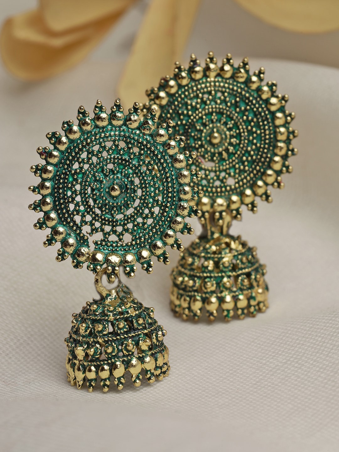 

Moedbuille Gold-Plated Meenakari Dome Shaped Jhumkas Earrings, Green