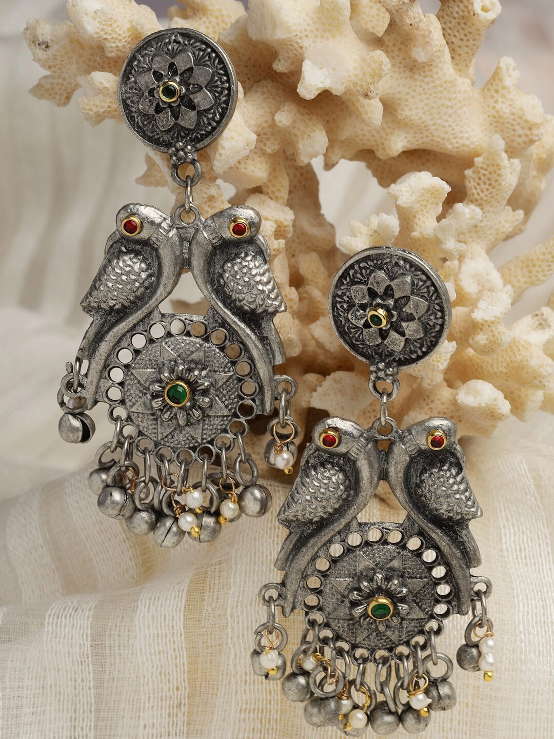 

Moedbuille Silver-Plated Ghungroo & Pearls Peacock Shaped Drop Earrings, Metallic