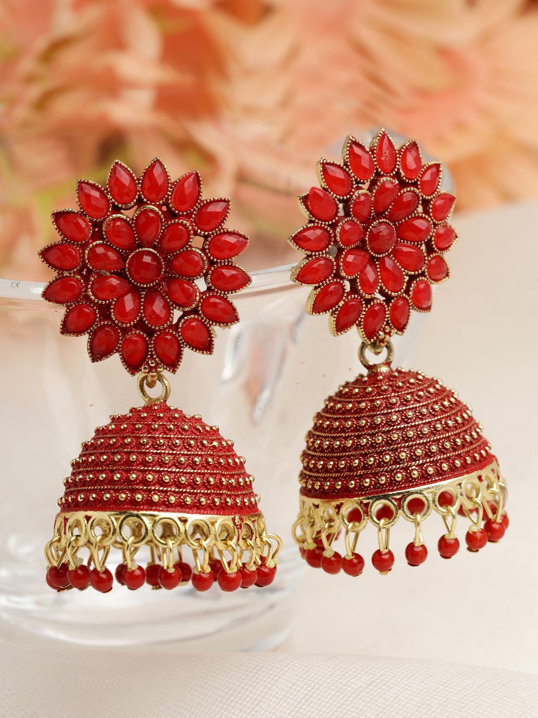

Moedbuille Gold-Plated Floral Jhumkas Earrings, Red