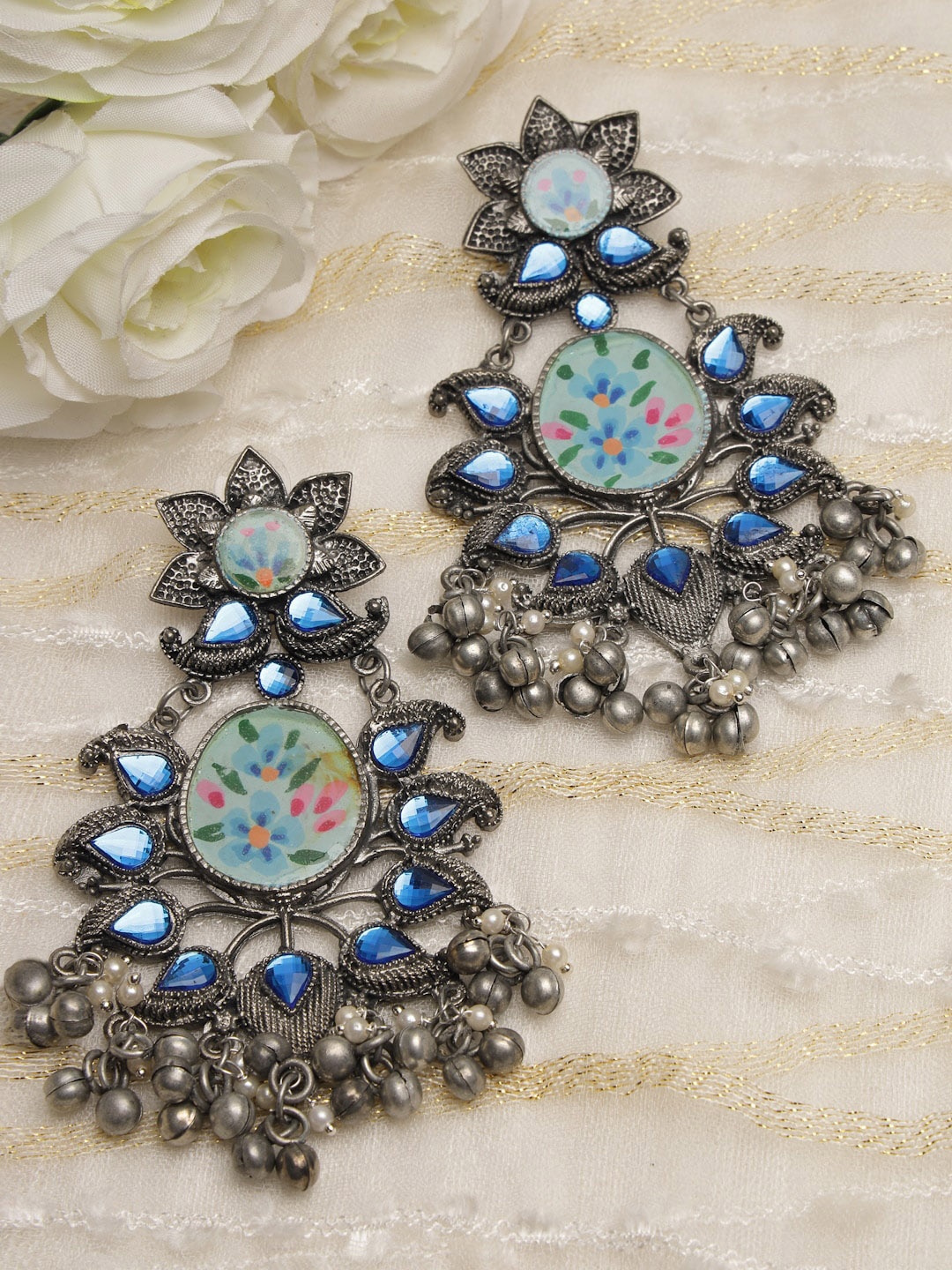 

Moedbuille Silver-Plated Floral Crystals Chandbalis Earrings, Blue