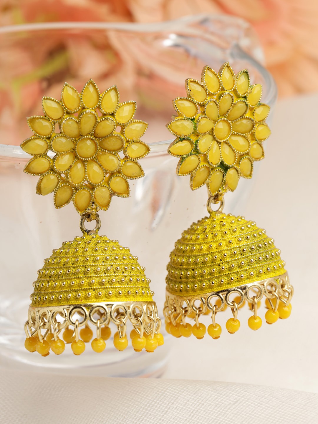 

Moedbuille Gold-Plated Meenakari Floral Crystals Studded Jhumkas Earrings, Yellow