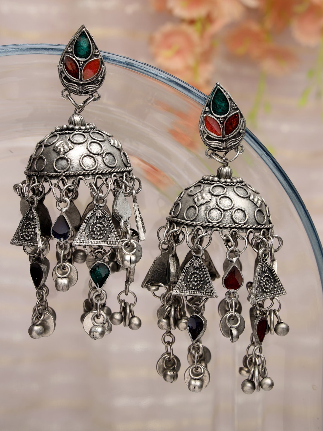 

Moedbuille Silver-Plated Meenakari Work Antique Dome Shaped Jhumkas Earrings, Green