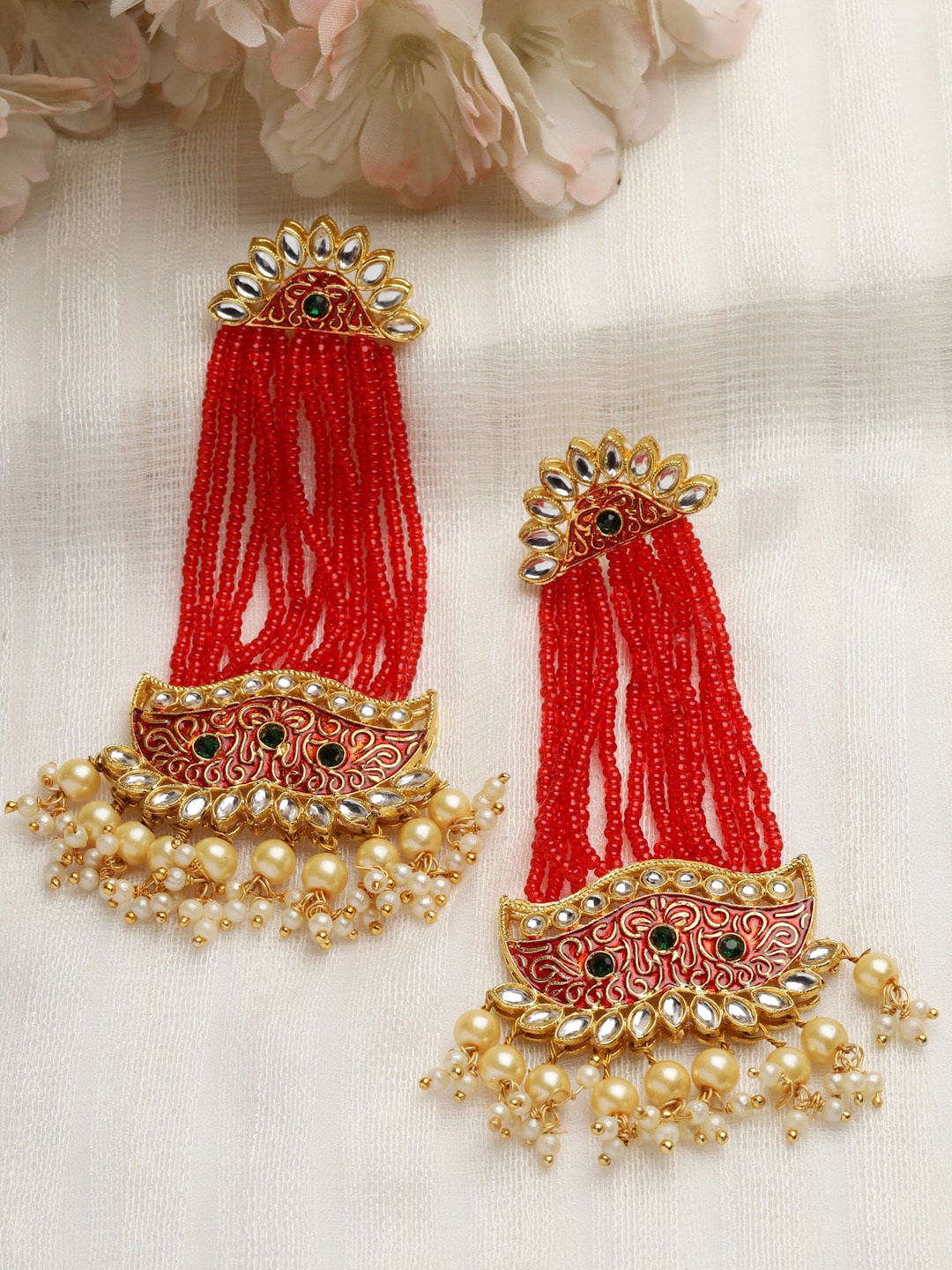 

Moedbuille Meenakari Gold Plated Traditional Tasselled Drop Earrings, Red