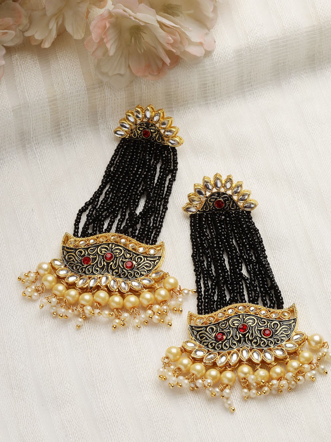 

Moedbuille Meenakari Gold Plated Traditional Tasselled Drop Earrings, Black