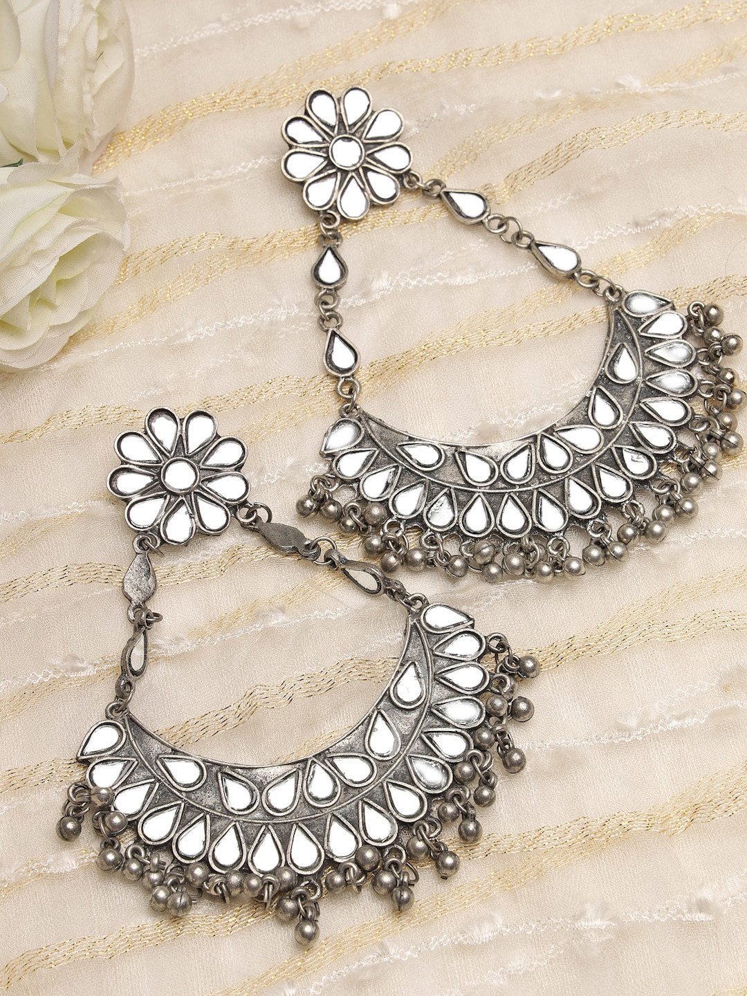

Moedbuille Silver-Plated Floral Crystals Chandbalis Earrings, White