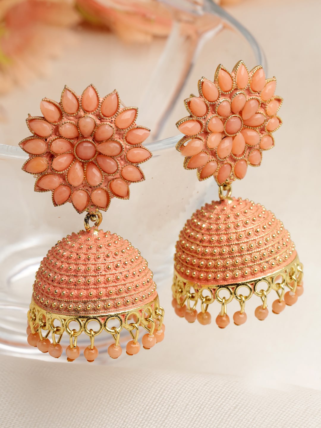 

Moedbuille Gold-Plated Studded Dome-Shaped Jhumkas, Peach