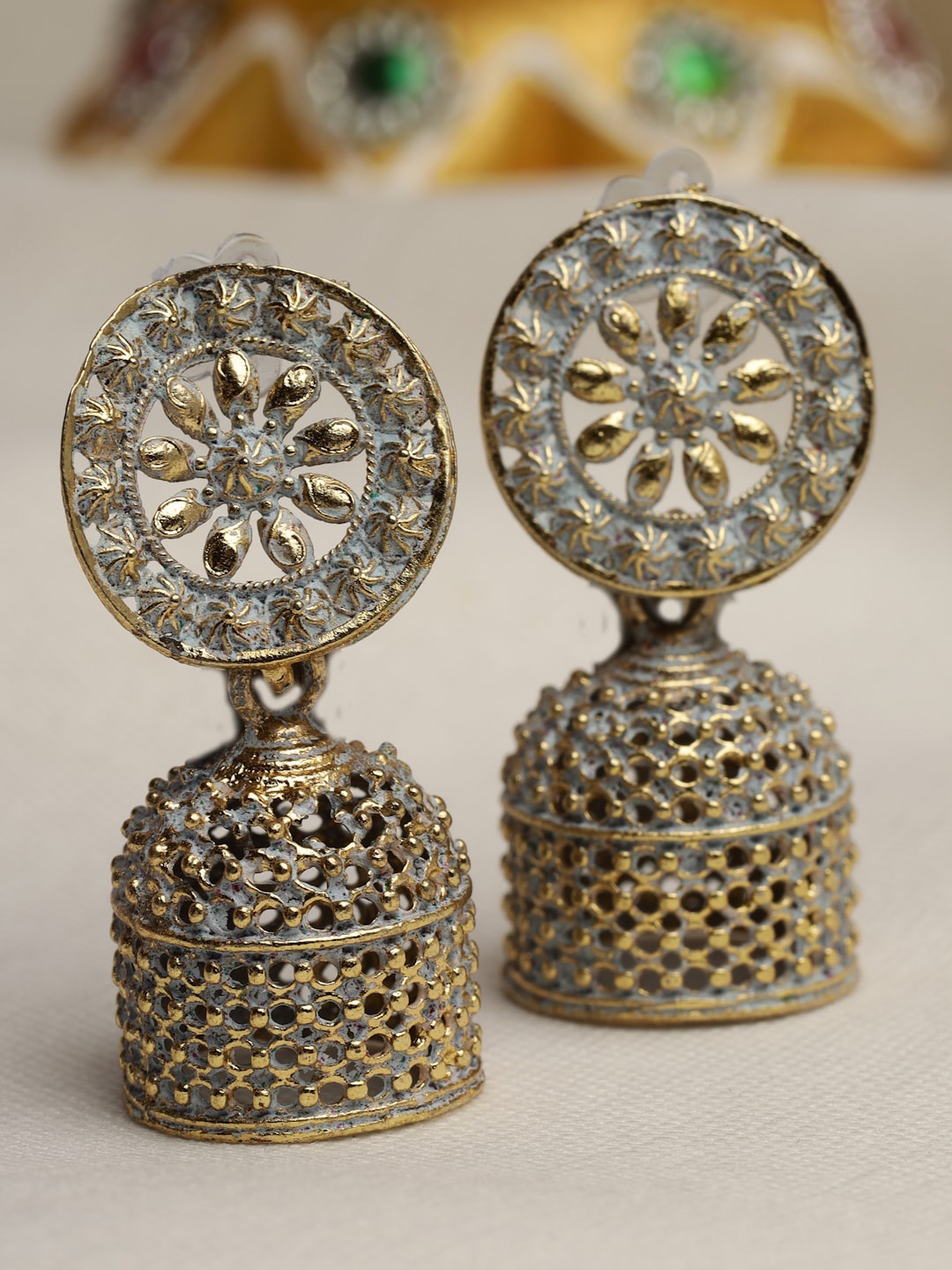 

Moedbuille Gold-Plated Meenakari Dome Shaped Jhumkas, Grey