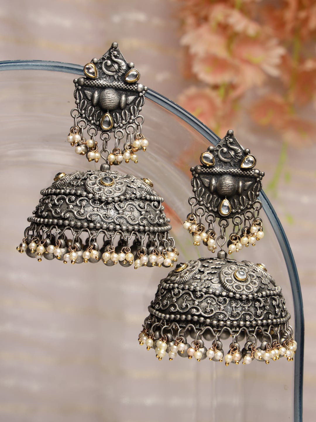 

Moedbuille Silver-Plated Oxidized Dome Shaped Jhumkas, Off white