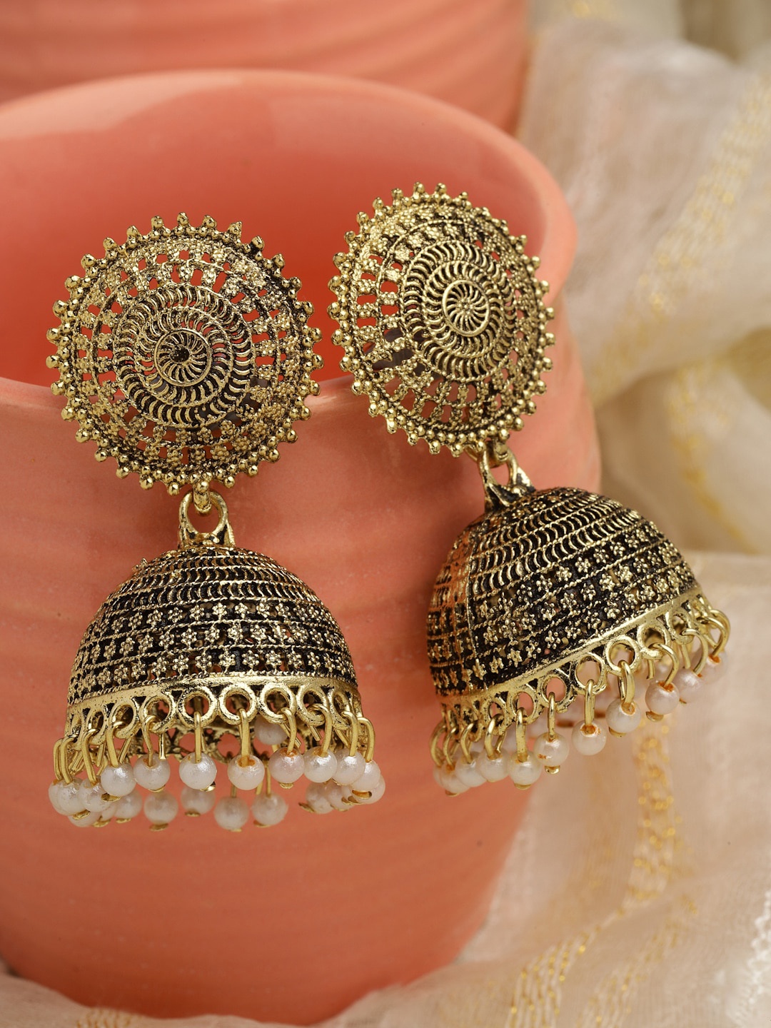 

Moedbuille Gold-Plated Antique Dome Shaped Stone Beaded Jhumkas Earrings