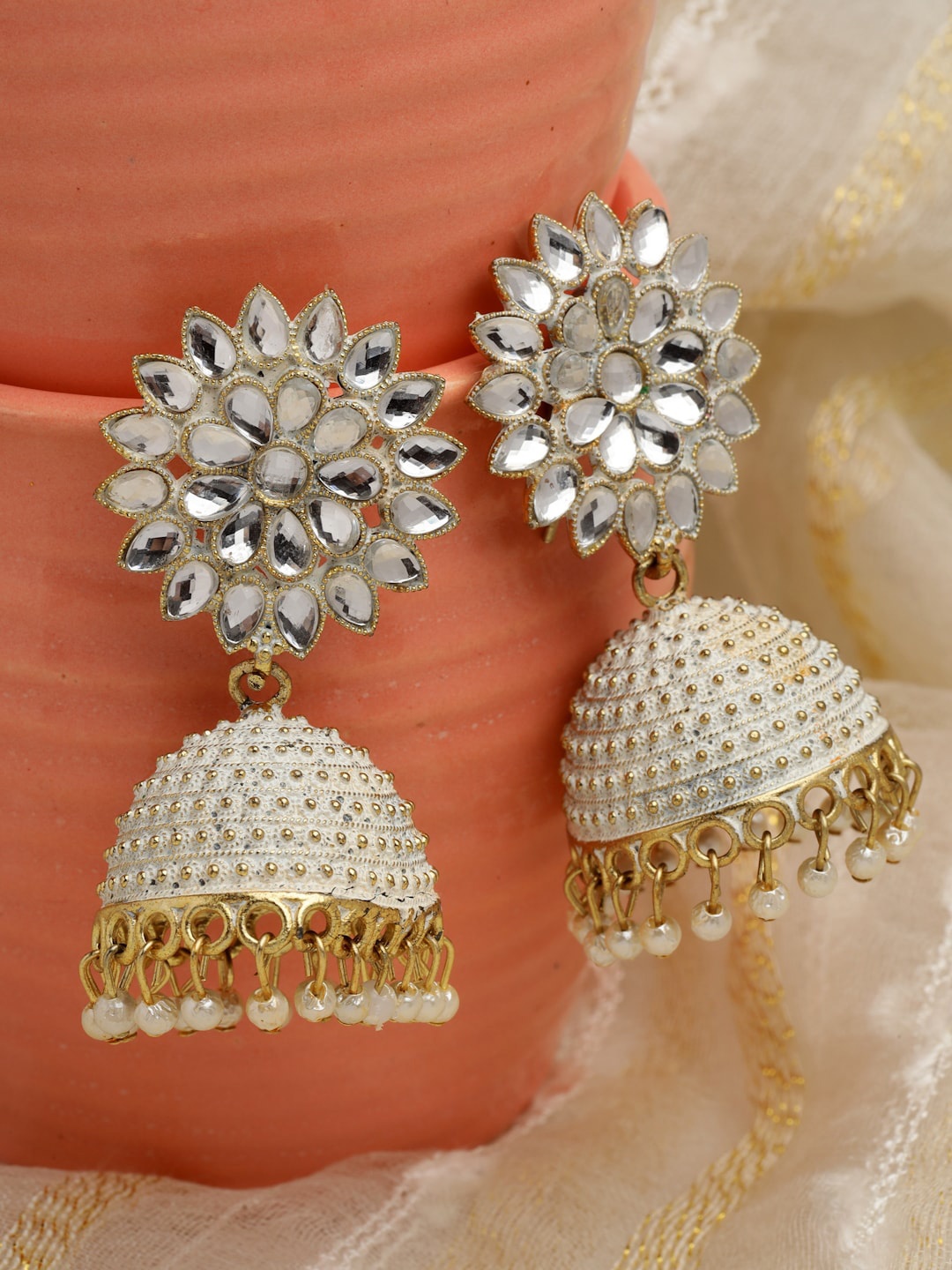 

Moedbuille Gold Plated Floral Meenakari Stone Studded Jhumkas Earrings, White
