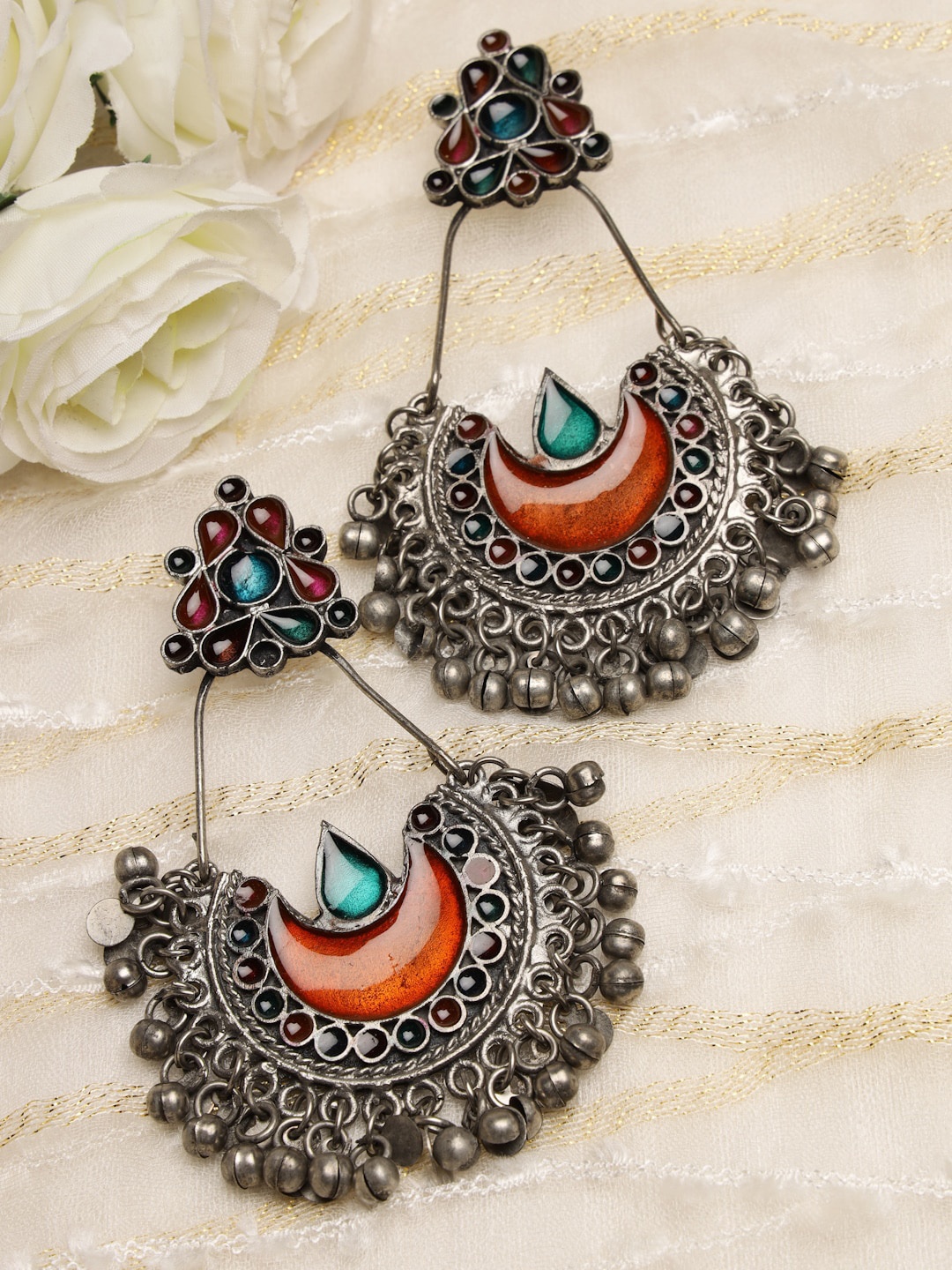

Moedbuille Silver Plated Afghan Oxidised Crescent Shaped Stone Studded Chandbalis Earrings, Red