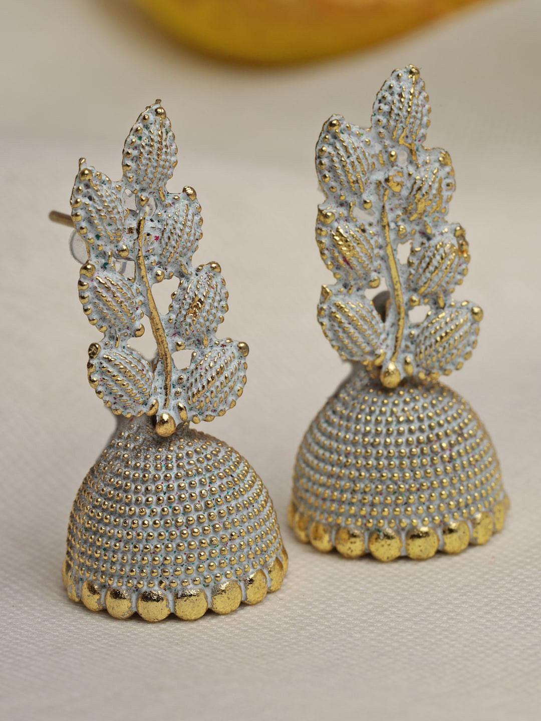 

Moedbuille Gold Plated Leaf Shaped Meenakari Jhumkas Earrings, Grey