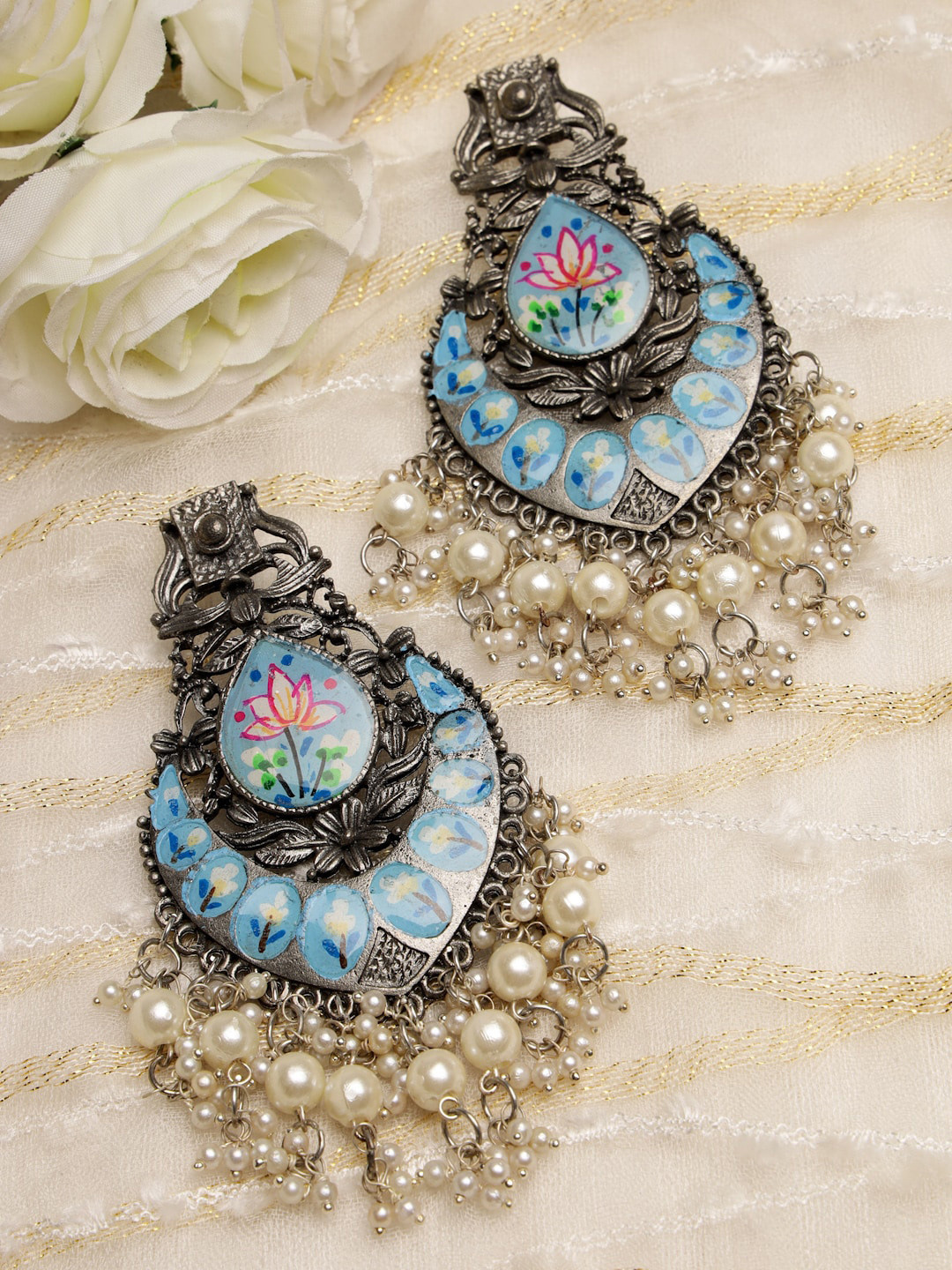 

Moedbuille Silver Plated Pearls Studded Meenakari Oxidised Drop Earrings, Blue