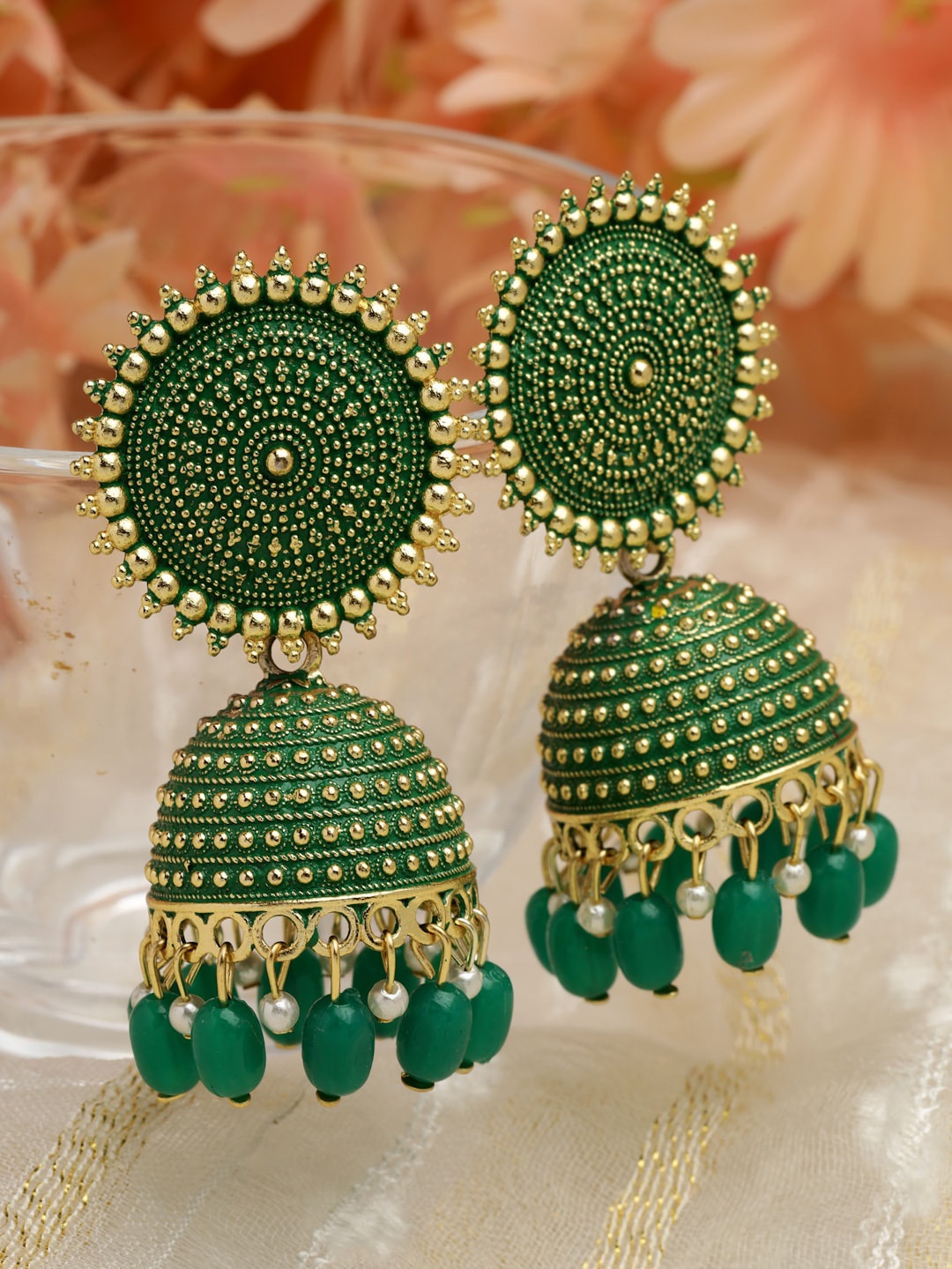 

Moedbuille Gold Plated Dome Shaped Meenakari Stone Studded Jhumkas Earrings, Green