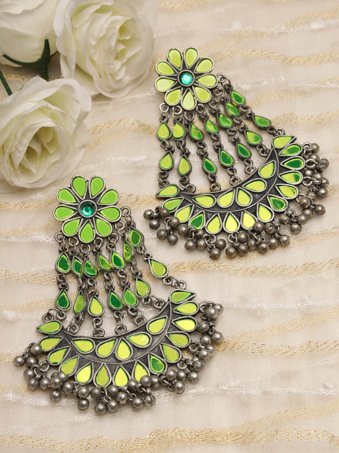 

Moedbuille Silver Plated Floral Oxidised Drop Earrings, Green