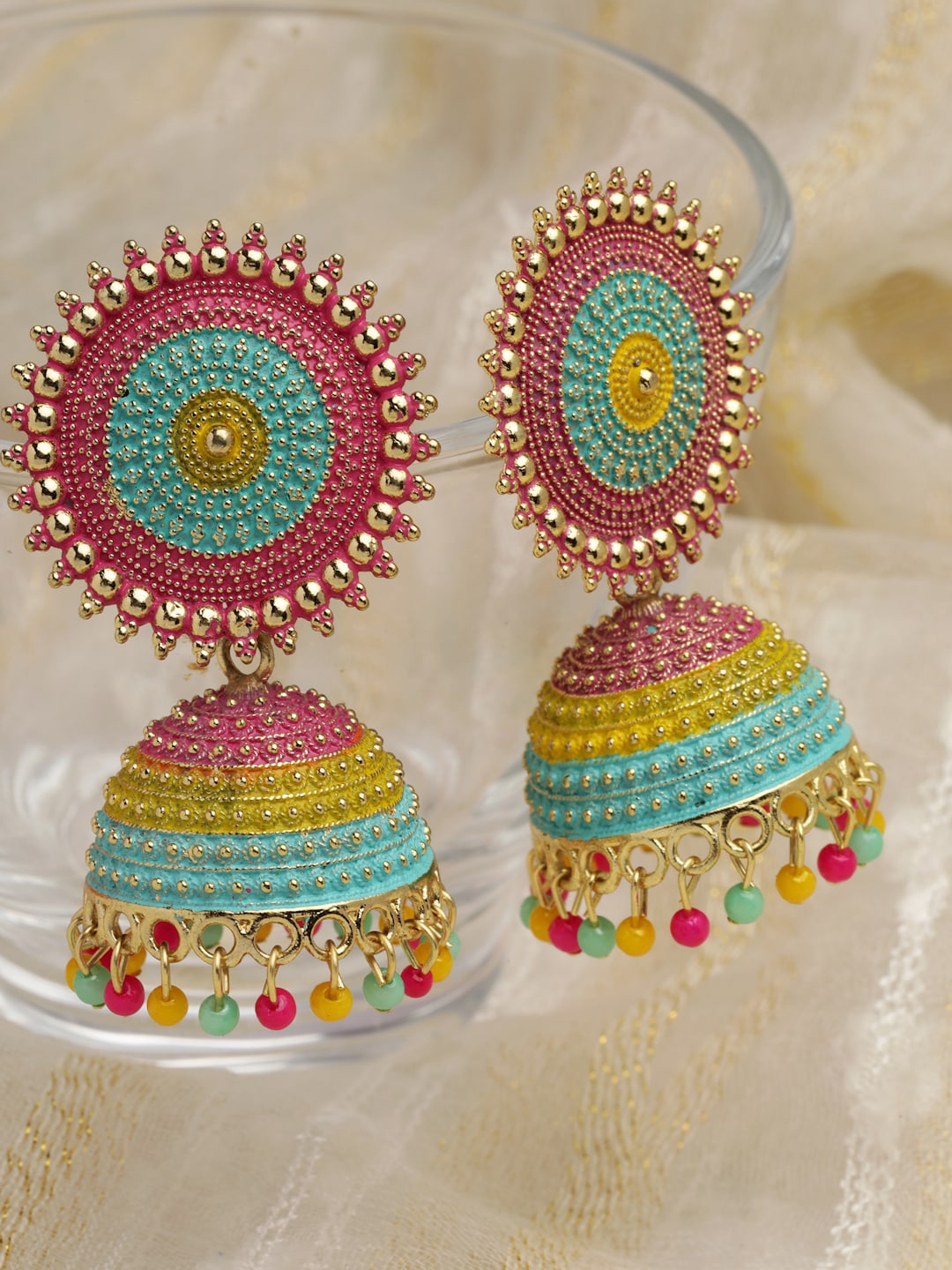 

Moedbuille Gold Plated Meenakari Dome Shaped Stone Studded Jhumkas Earrings, Pink