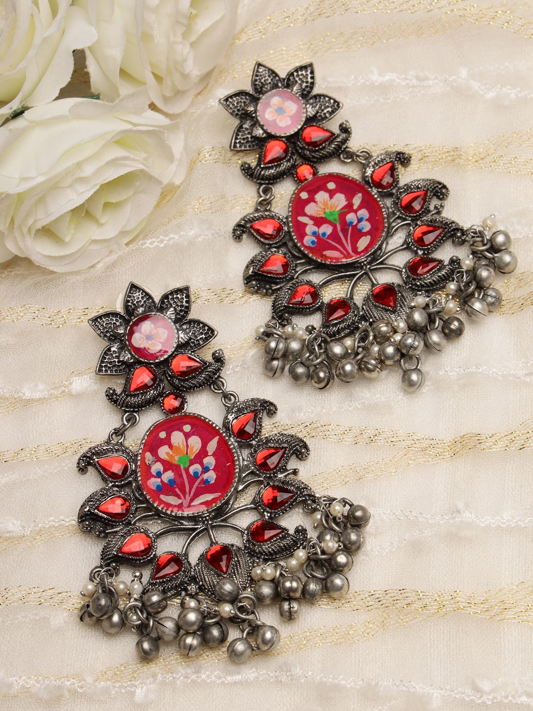 

Moedbuille Crystals Studded Meenakari Work Oxidised Silver Plated Tasselled Earrings, Red