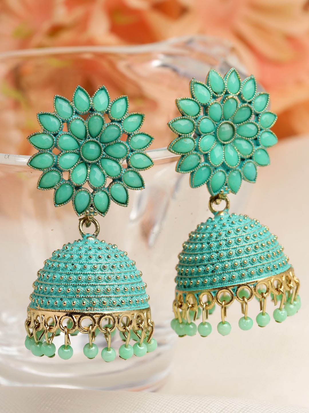 

Moedbuille Gold-Plated Floral Jhumkas Earrings, Sea green