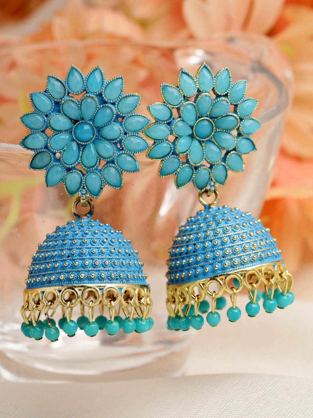 

Moedbuille Gold-Plated Floral Jhumkas Earrings, Turquoise blue