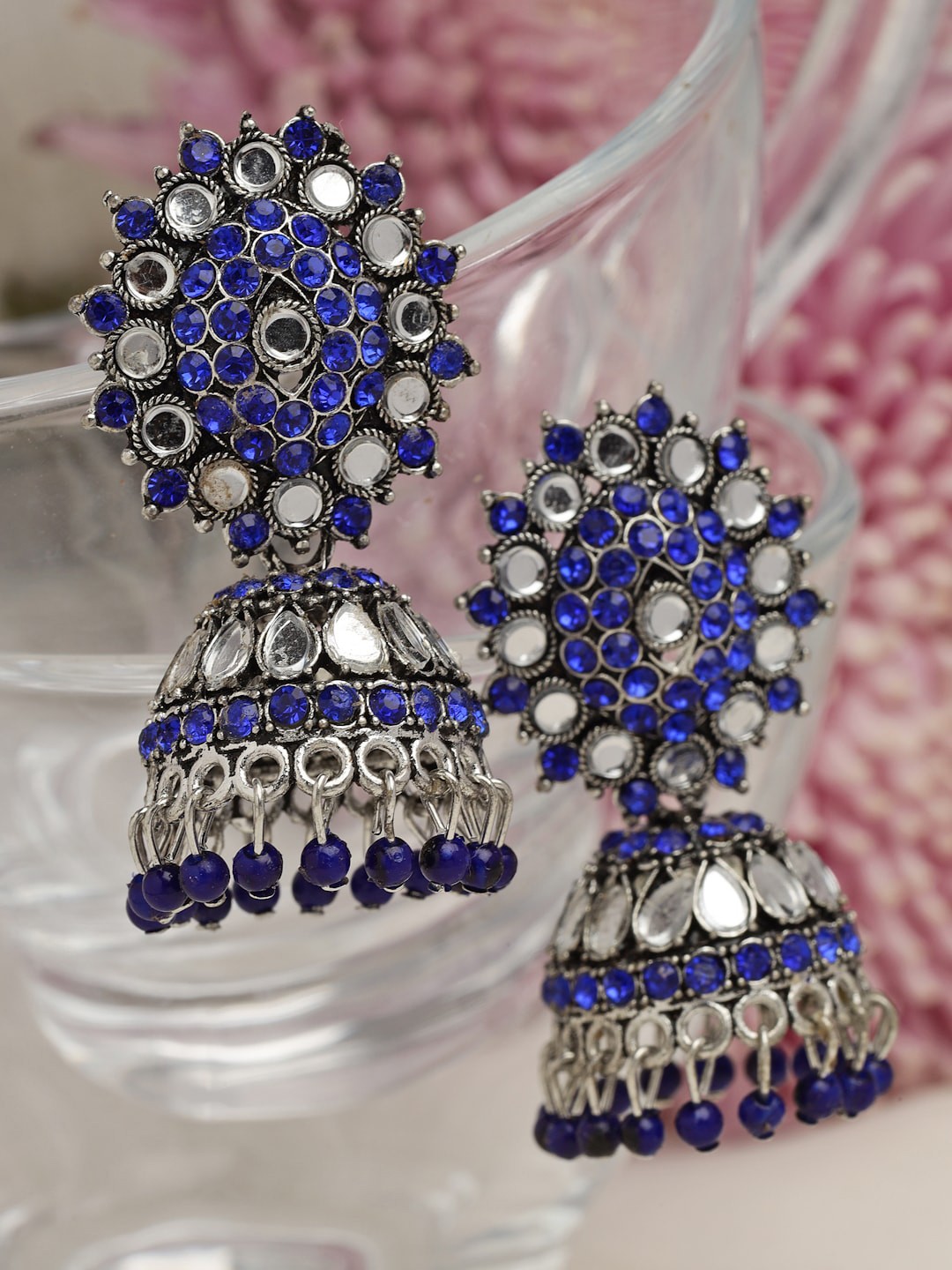 

Moedbuille Silver-Plated Mirrors & Crystals Studded Dome Shaped Jhumkas, Blue