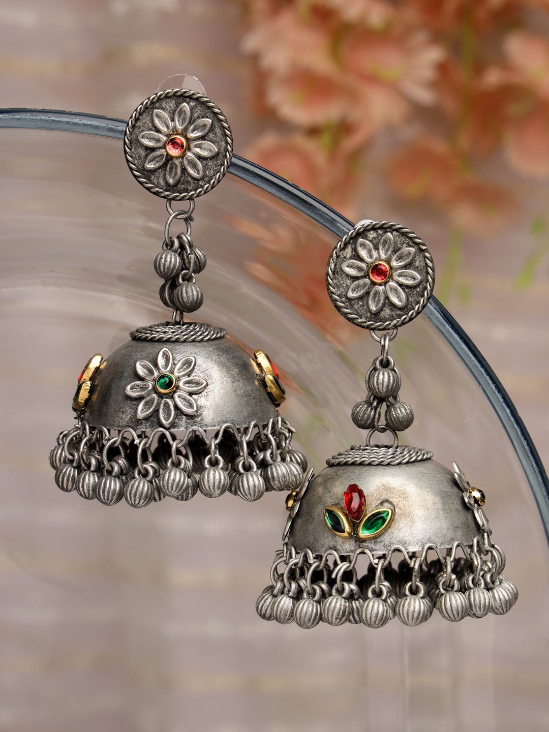 

Moedbuille Silver-Plated Dome Shaped Oxidised Jhumkas Earrings, Metallic