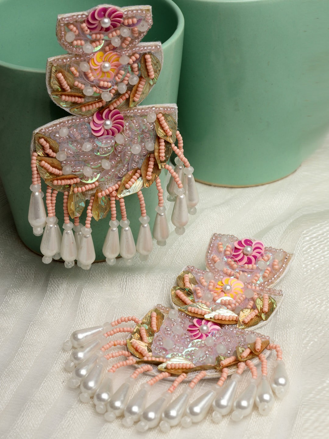 

Moedbuille Silver-Plated Sequins & Pearls Beaded Tasselled Drop Earrings, Pink
