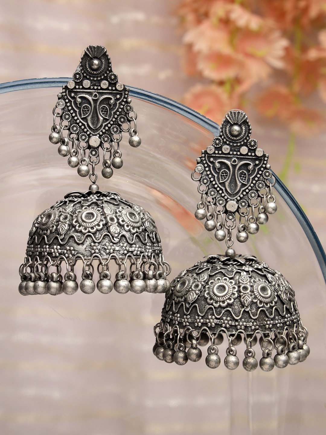 

Moedbuille Silver-Plated Dome Shaped Jhumkas Earrings, Metallic