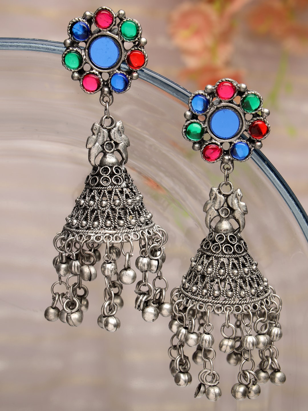 

Moedbuille Silver-Plated Dome Shaped Jhumkas Earrings, Blue