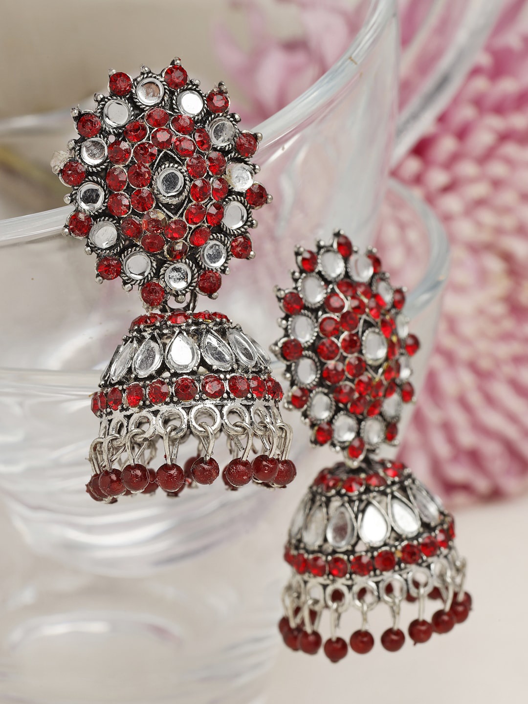 

Moedbuille Silver-Plated Dome Shaped Jhumkas Earrings, Red