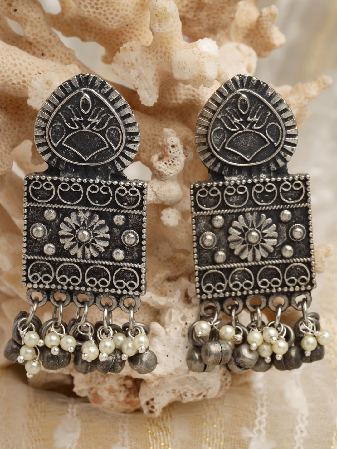 

Moedbuille Silver-Plated Oxidised Beaded Floral Drop Earrings, White