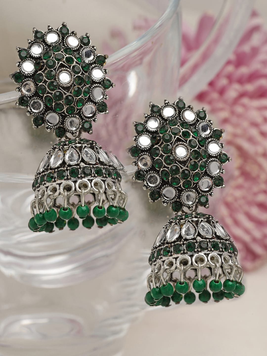 

Moedbuille Silver-Plated Dome Shaped Jhumkas Earrings, Green