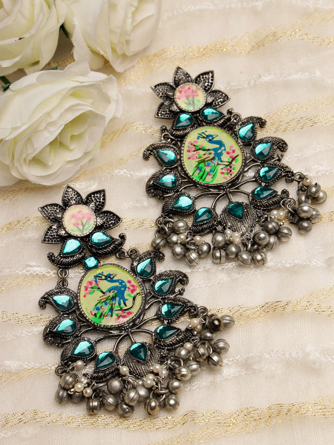 

Moedbuille Silver Plated Floral Drop Earrings, Teal