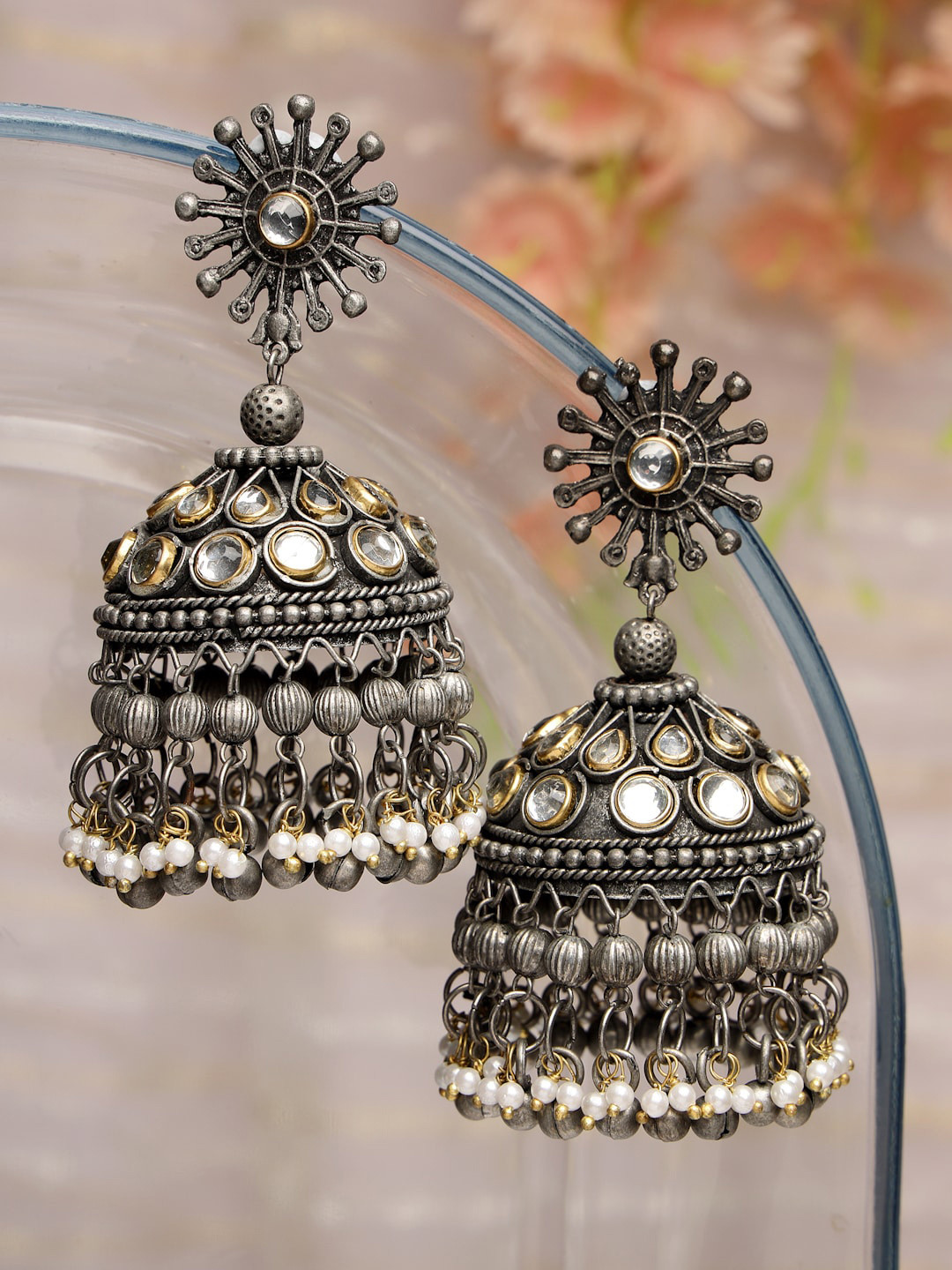 

Moedbuille Silver-Plated Dome Shaped Jhumkas Earrings, Metallic