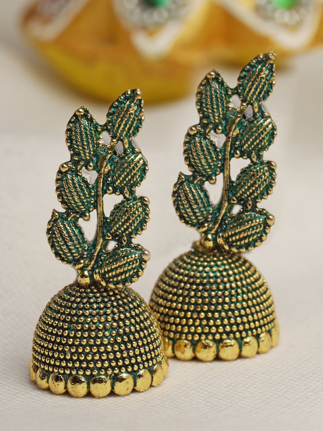 

Moedbuille Leaf Shaped Gold-Plated Jhumkas Earrings, Green