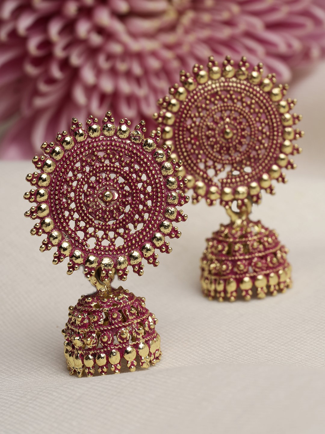 

Moedbuille Gold-Plated Dome Shaped Jhumkas Earrings, Pink