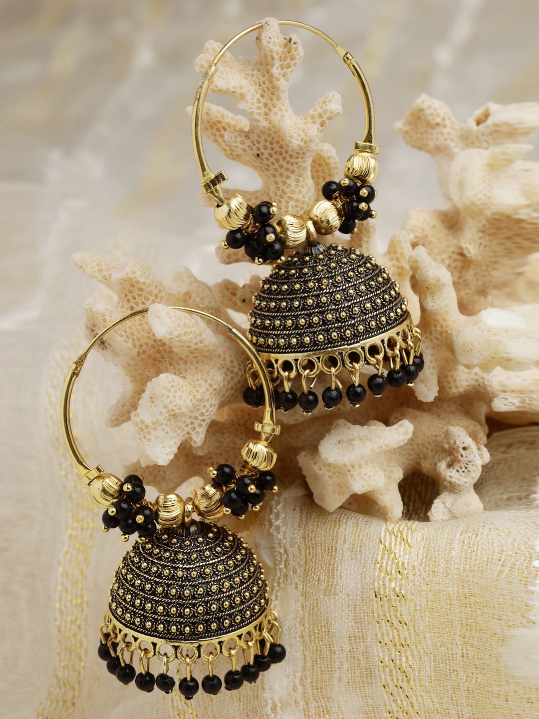

Moedbuille Gold-Plated Dome Shaped Meenakari Work Tasselled Design Hoop Earrings, Black