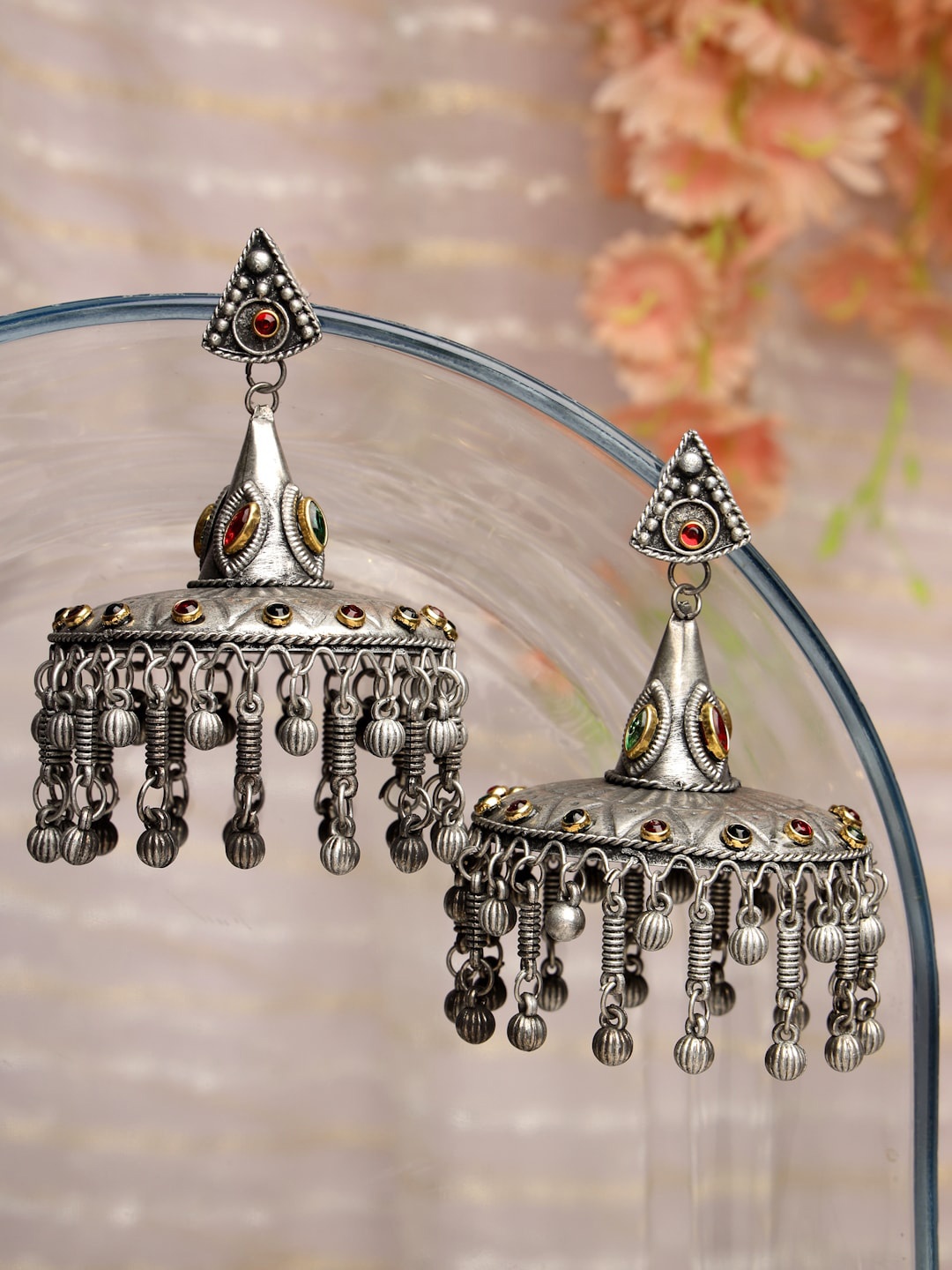 

Moedbuille Silver-Plated Dome Shaped Oxidised Jhumkas Earrings, Yellow